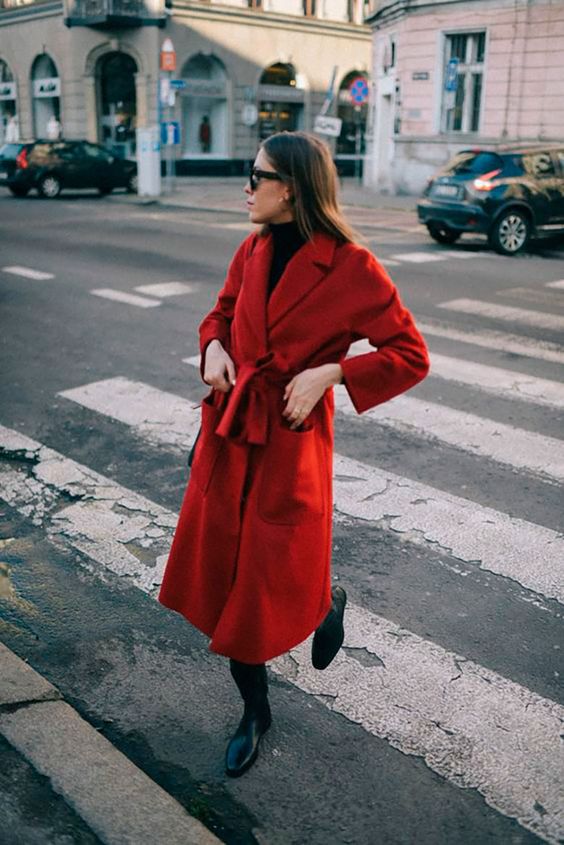 spruce up your total black look with a bright red midi coat like this one and enjoy the stylish combo