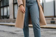 14 a white ribbed top, blue cropped jeans, a tan coat and brown suede heels for the fall