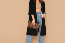 With beige crop top, denim culottes, leopard clutch and ankle strap shoes