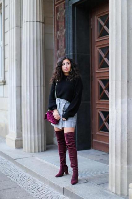 With black loose sweater, checked wrap skirt and marsala bag