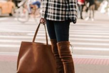 With checked jacket, skinny jeans and brown leather tote bag
