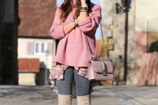 With gray jeans, chain strap bag, pink sweater and gray boots