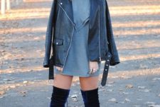 With gray mini dress and black leather jacket