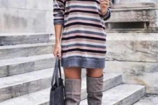 With gray suede over the knee boots and gray suede tote bag