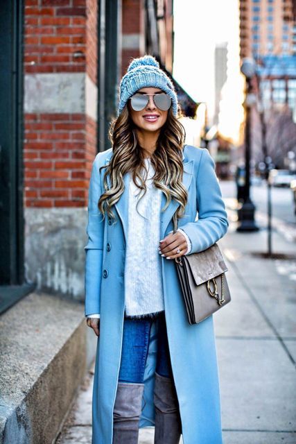 With jeans, light blue coat, gray bag and gray over the knee boots