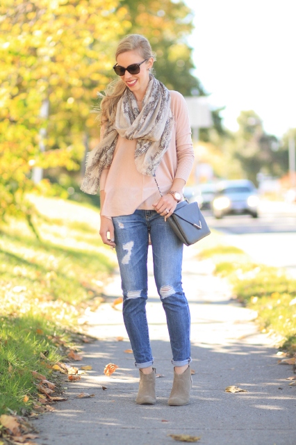 With pale pink loose blouse, printed scarf, chain strap bag and gray ankle boots