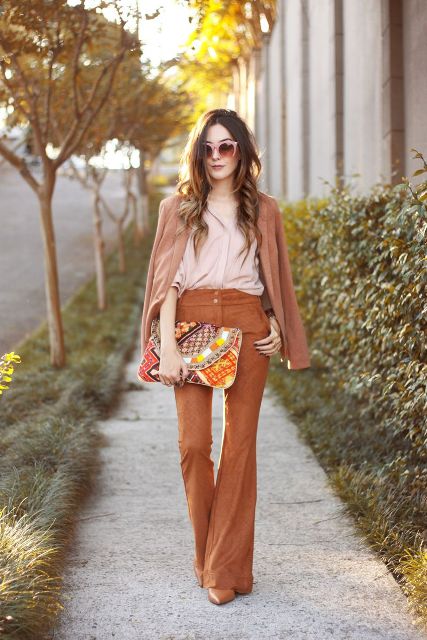 With pale pink shirt, printed clutch, brown suede blazer and brown leather boots