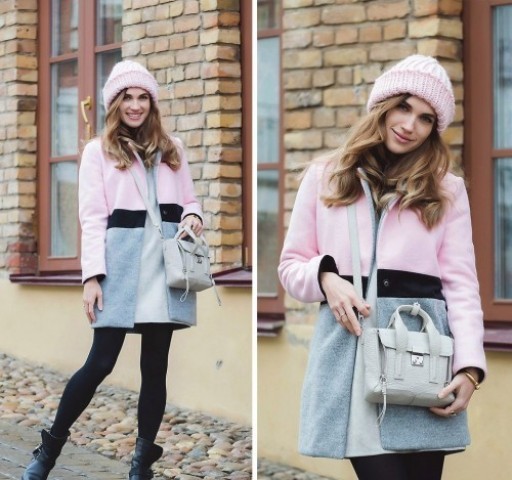 With three colored coat, gray dress, black tights, white bag and boots