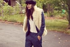 With white faux fur vest, navy blue blazer, navy blue loose pants, lace up flat boots and white t-shirt