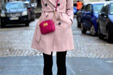 With white shirt, brown sweater, skirt, black boots and pink bag