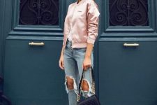 With white shirt, distressed jeans, chain strap bag and beige lace up high heels