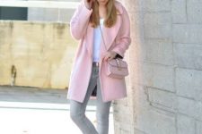 With white t-shirt, gray jeans, pale pink coat, chain strap bag and white sneakers