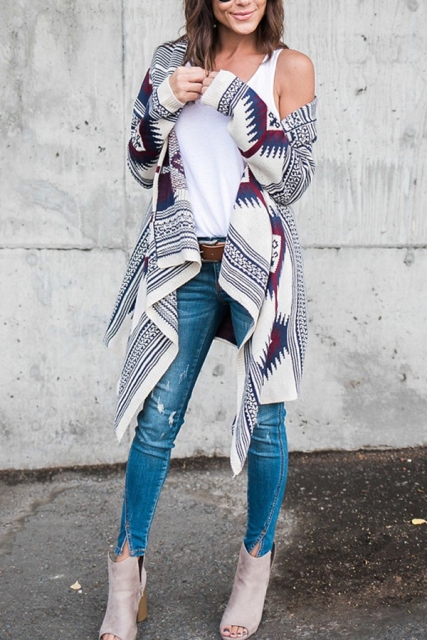 With white top, distressed skinny jeans and beige cutout boots