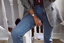 a black printed tee, a grey plaid blazer, blue jeans, black Converse sneakers for the fall