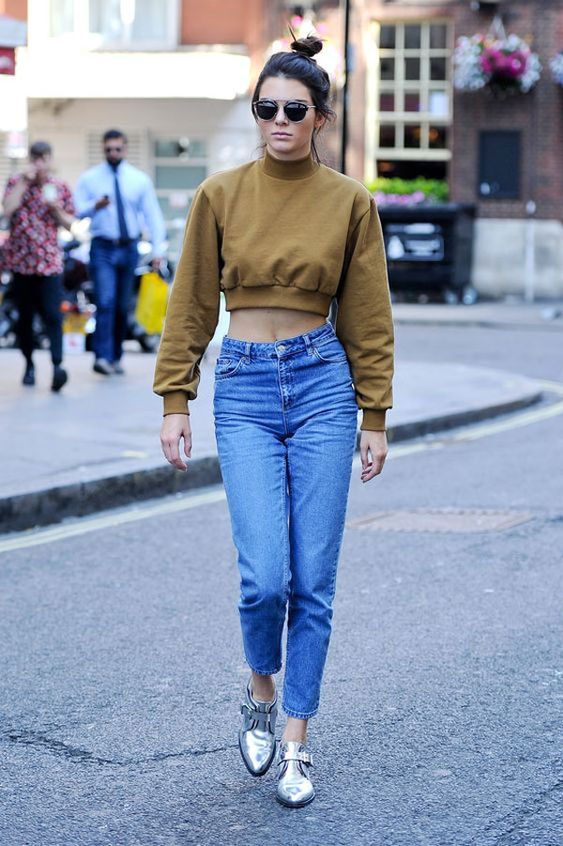 a rust-colored cropped sweatshirt, blue high waisted jeans, silver brogues for every day
