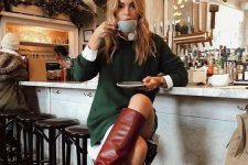 a white shirt a green sweater dress, burgundy knee high boots for a stylish fall look