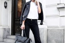 a white t-shirt, black flare jeans, black heels, a large bag and a black leather jacket for the fall