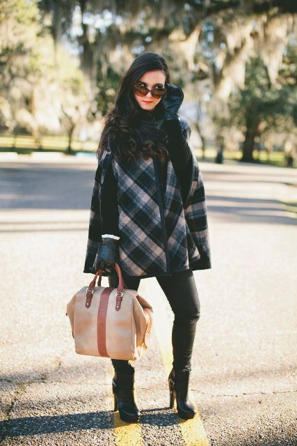With black leather gloves, beige and brown tote bag, skinny pants and black high heeled ankle boots