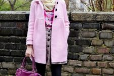 With checked shirt, mini skirt, purple bag, pale pink coat and boots