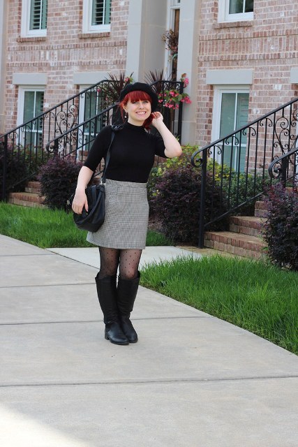 With gray skirt, black beret, black bag and black high boots