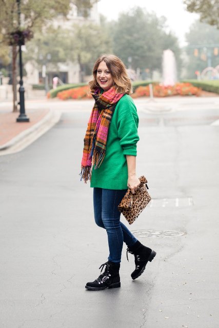 With green sweater, plaid scarf, leopard clutch and skinny jeans