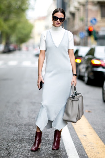 With light blue dress, marsala boots and gray tote bag