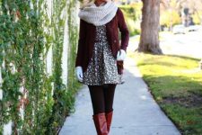 With marsala cardigan, marsala high boots, gloves and light gray scarf