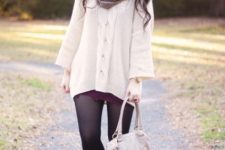 With marsala mini dress, white long sweater, leopard boots and white bag