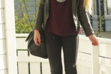 With marsala sweater, black leather jacket, black tote bag, skinny pants and mid calf boots
