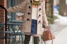 With printed sweater, denim mini skirt, brown bag and olive green suede boots