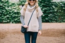 With striped shirt, jeans, crossbody bag and gray shoes