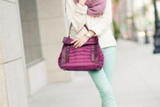 With white shirt, purple bag, mint green pants and beige pumps
