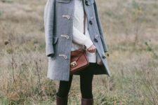 With white turtleneck sweater dress, black tights, brown bag and dark brown high boots