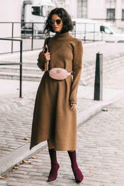 a brown midi sweater dress, purple sock boots, a pink waist bag for a refined and bold look