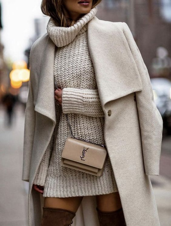 a creamy chunky knit mini dress, a matching midi coat, thigh high boots and a tan bag for winter