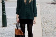 With black mini skirt, black and brown tote bag and black ankle boots