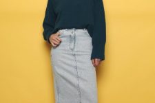 a trendy fall look with a denim skirt