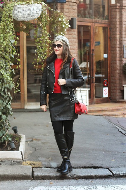 With red sweater, black leather jacket, black leather skirt, red bag and high boots
