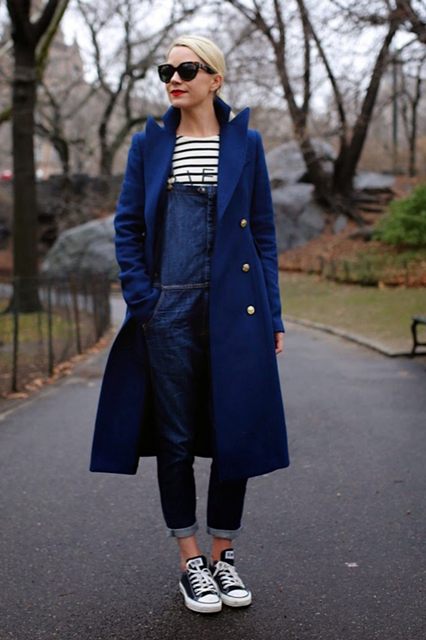 With striped shirt, navy blue midi coat and black and white sneakers
