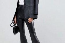 With white shirt, black leather blazer, mini bag and black low heeled boots