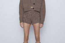 a brown cropped top, a matching cardigan with pockets, brown shorts will make up an ideal homewear look for winter