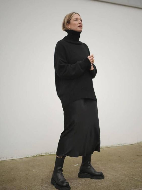 a casual and comfy winter look with an oversized turtleneck sweater, a slip midi, Chelsea boots is perfect for every day