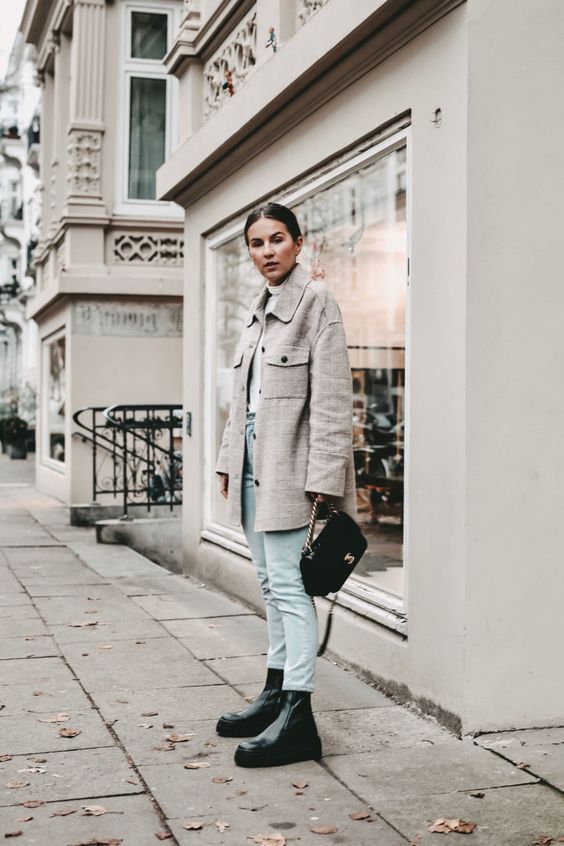 a casual winter outfit with light blue jeans, black Chelsea boots, a white turtleneck, a grey plaid coat and a black bag