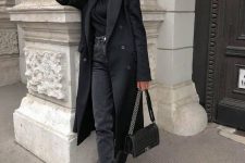 a stylish look in black with a turtleneck, jeans, Chelsea boots, a midi coat and a bag is a great idea for winter