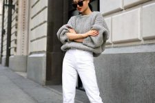 an oversized grey sweater, white jeans, black booties for a simple and fashionable winter look