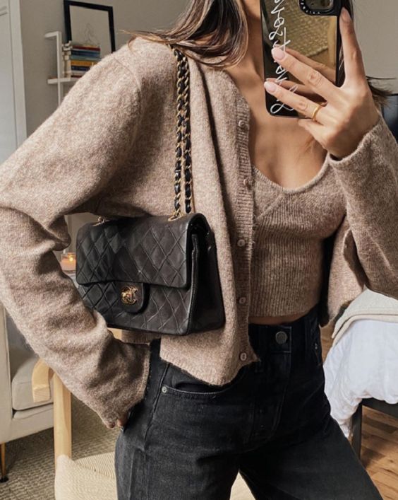 black high waisted jeans, a taupe knit top and a cropped cardigan, a black bag for this fall and winter