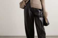 leather pants, a grey knit crop top, a matching cardigan, a black clutch for a super bold and trendy look