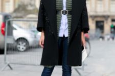 With button down shirt, black coat, skinny jeans and lace up shoes