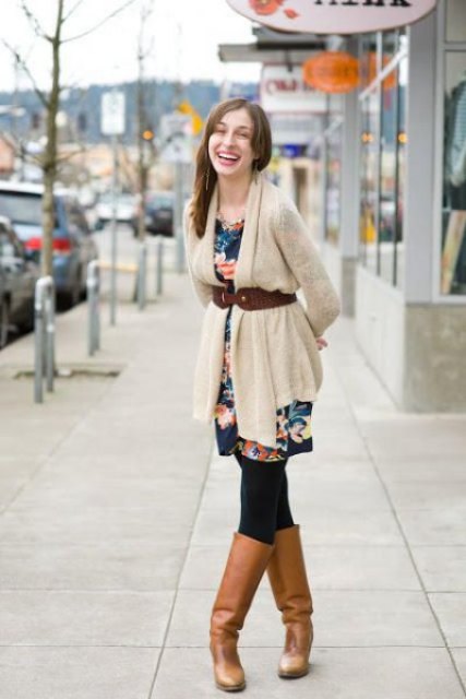 With floral mini dress, black tights and brown high boots