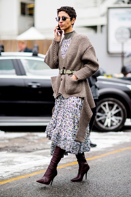 With floral printed ruffled midi dress, sunglasses and marsala high boots